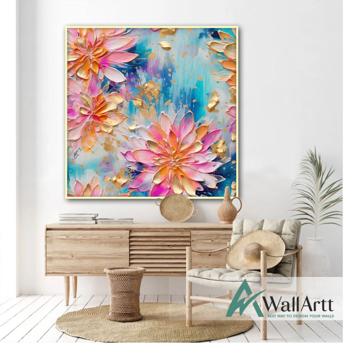 Pink Orange Flowers 3d Heavy Textured Partial Oil Painting